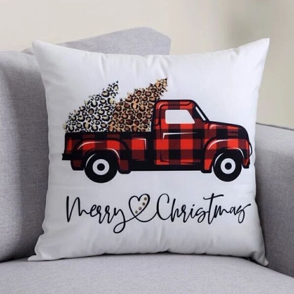 NEW! Farmhouse Merry Christmas Red Buffalo Plaid Truck Pillow COVER Holidays - Picture 1 of 1
